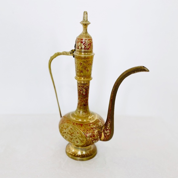 SOLD. Vintage India Brass & Enamel Tea Pot or Wine Pitcher EUC - Picture 4 of 8